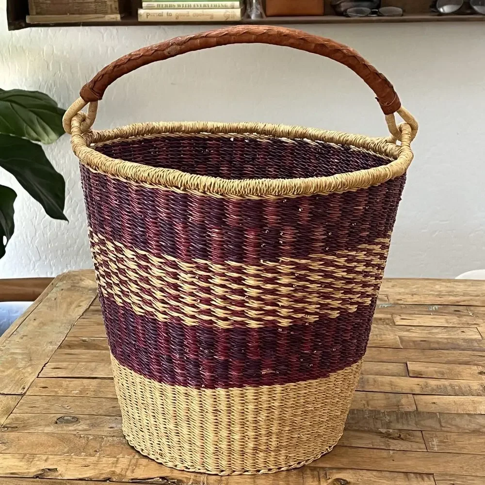 African Hand Woven Bolga Ghana Market Bucket Basket With Leather Wrap Handle